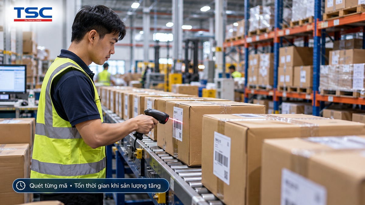 Nhân viên kho phải quét từng barcode khi số lượng thùng hàng tăng