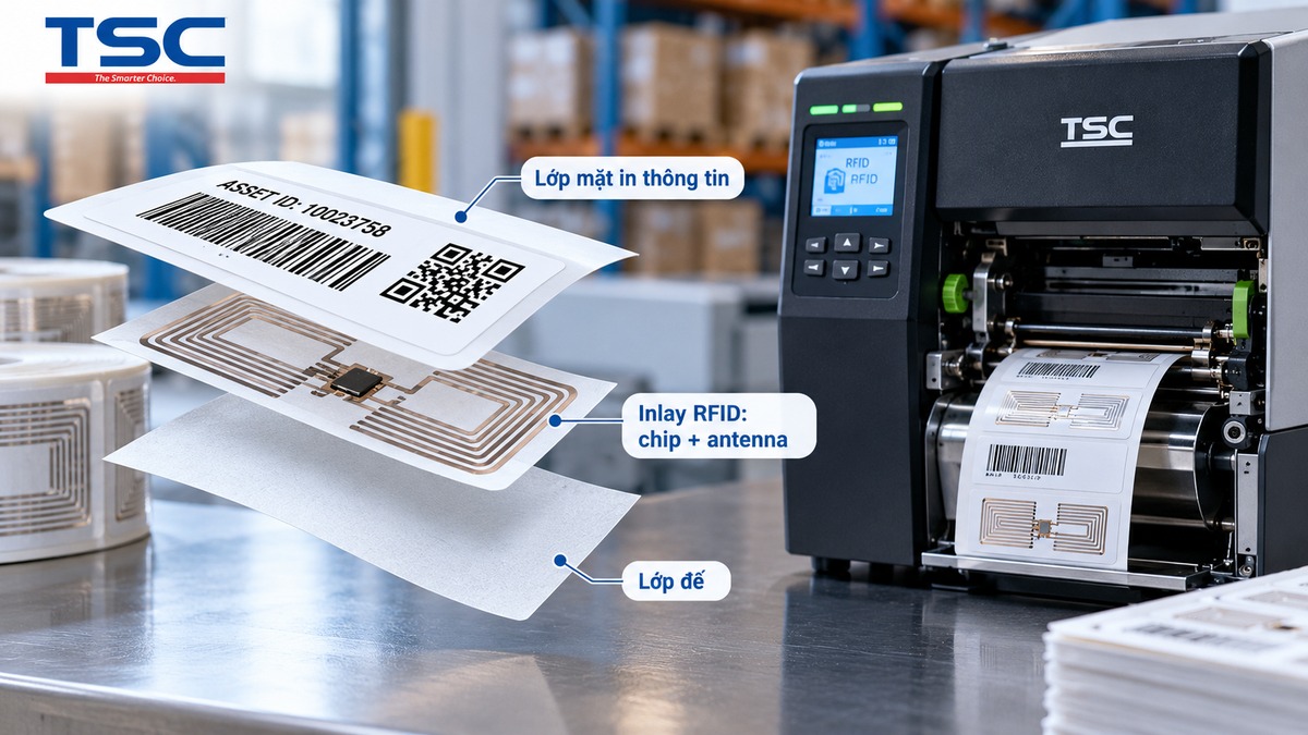 Cấu tạo nhãn RFID gồm lớp mặt in thông tin inlay chip antenna và lớp đế