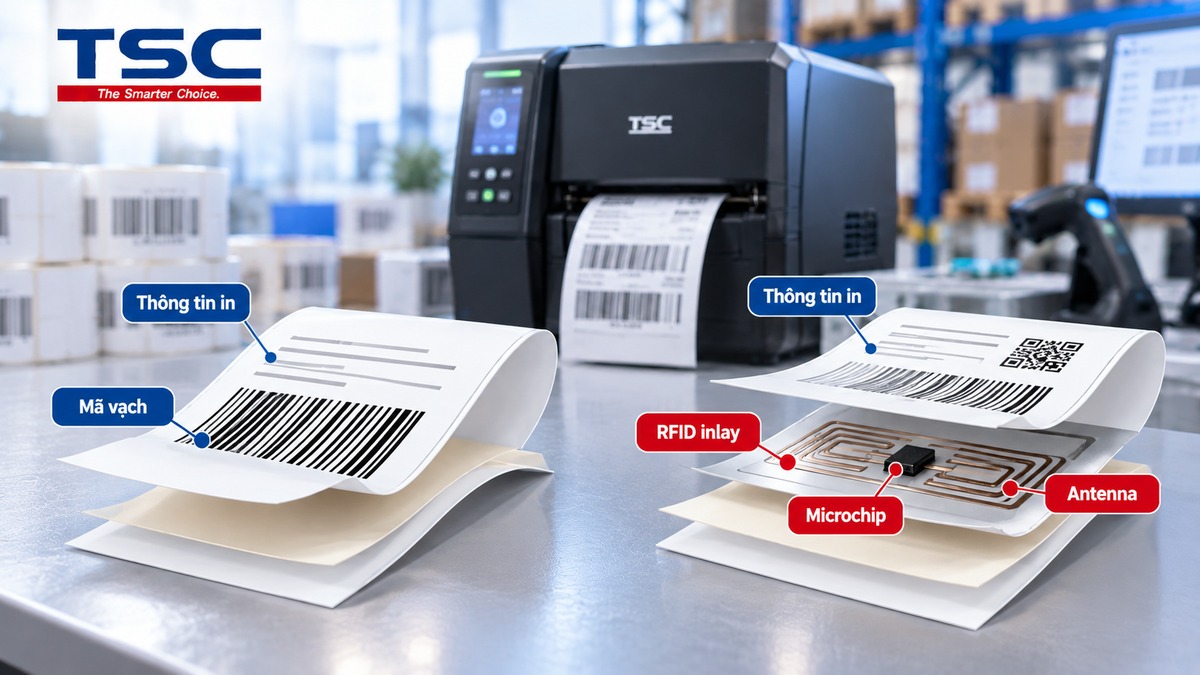 So sánh cấu trúc nhãn mã vạch thông thường và nhãn RFID có microchip antenna