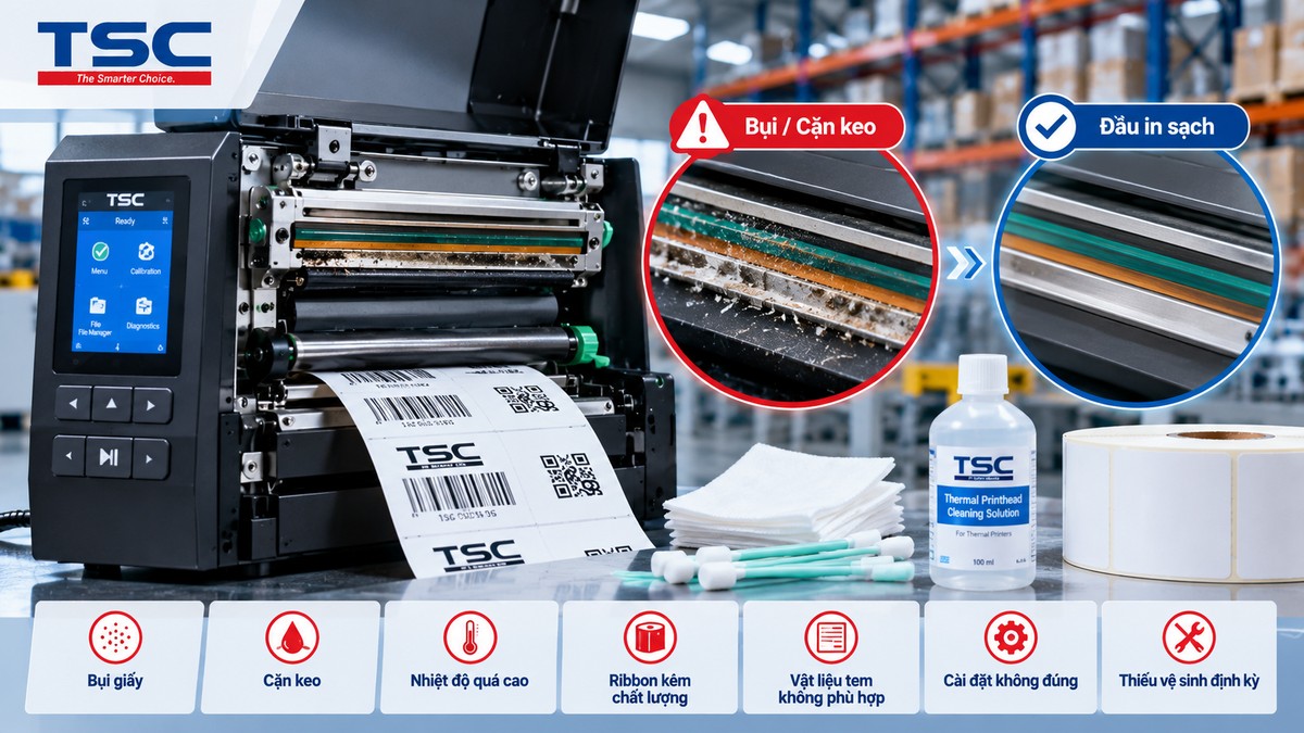 Bụi giấy và cặn keo tích tụ trên đầu in nhiệt máy in TSC