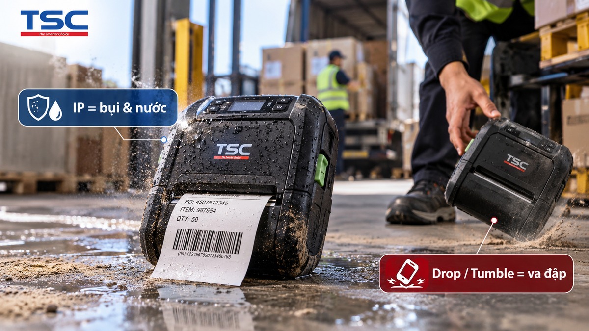 IP rating khác với Drop Test và Tumble Test trên máy in di động TSC