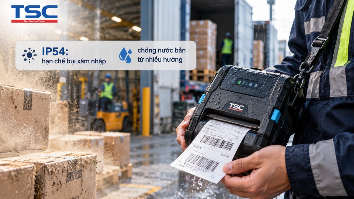 IP54 trên máy in di động TSC thể hiện khả năng bảo vệ trước bụi và nước bắn