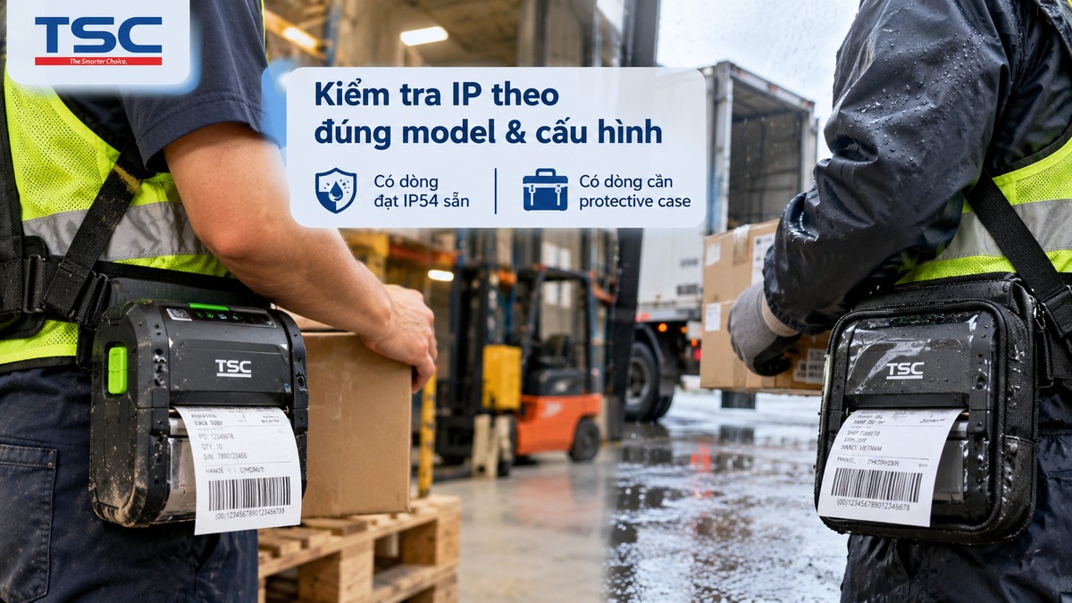 Cần kiểm tra IP rating theo đúng model và cấu hình máy in di động TSC