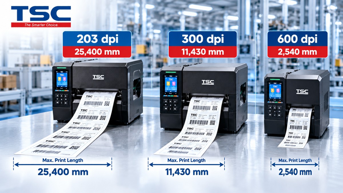 Ví dụ Max Print Length khác nhau giữa cấu hình 203 300 và 600 dpi của TSC