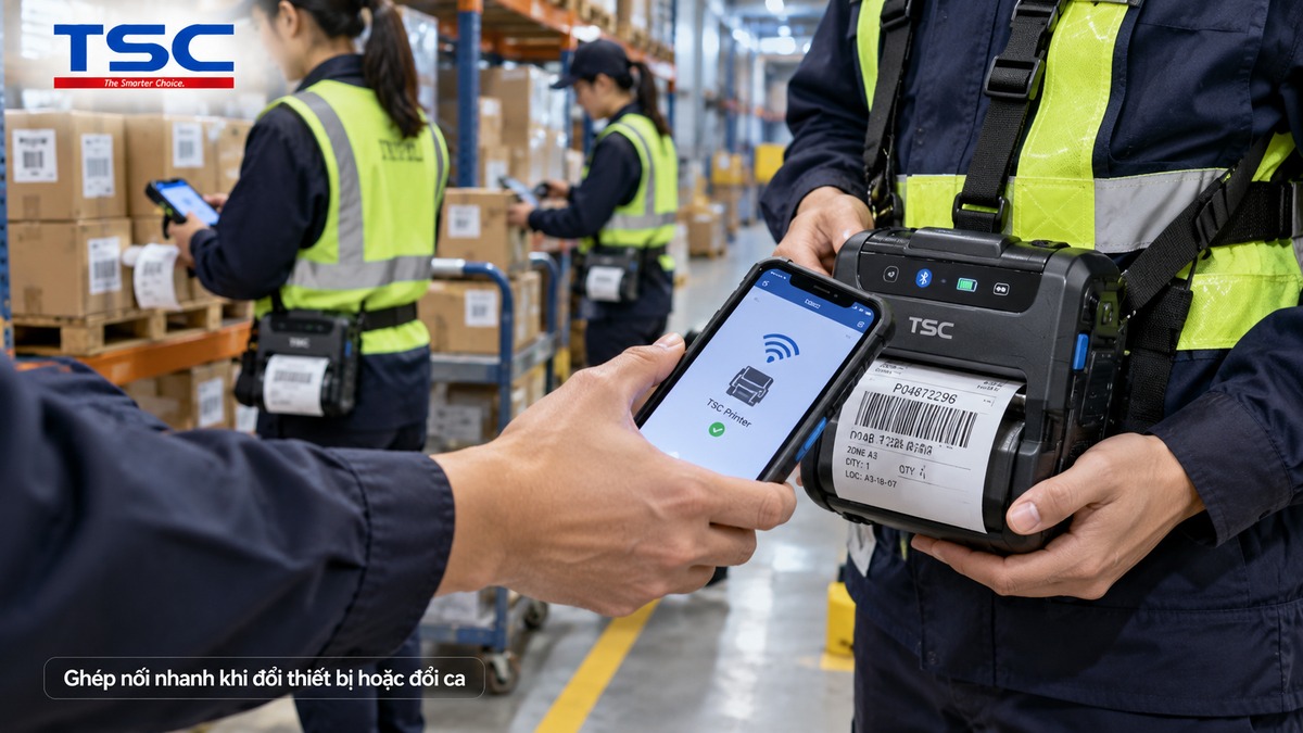 NFC giúp ghép nối nhanh máy in TSC khi nhân viên đổi thiết bị hoặc đổi ca