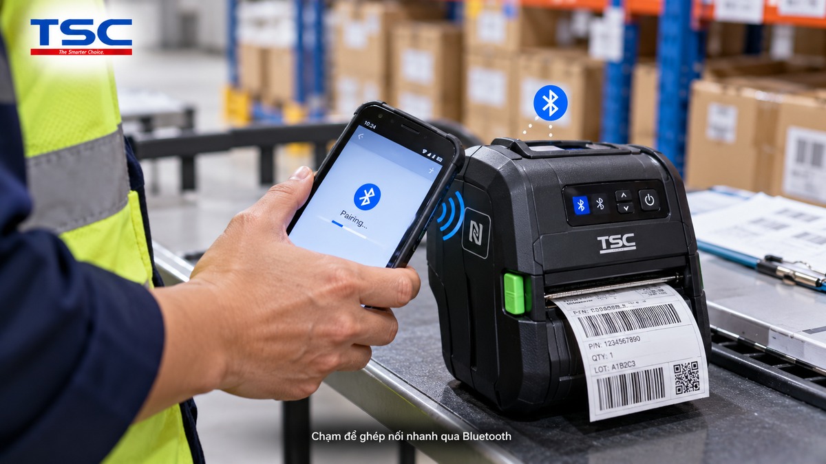 NFC Tap-to-Pair giúp smartphone ghép nối Bluetooth nhanh với máy in di động TSC
