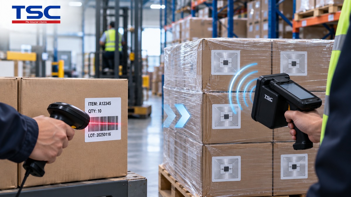 RFID cho phép đọc nhiều tag trên pallet mà không cần quét trực tiếp từng barcode