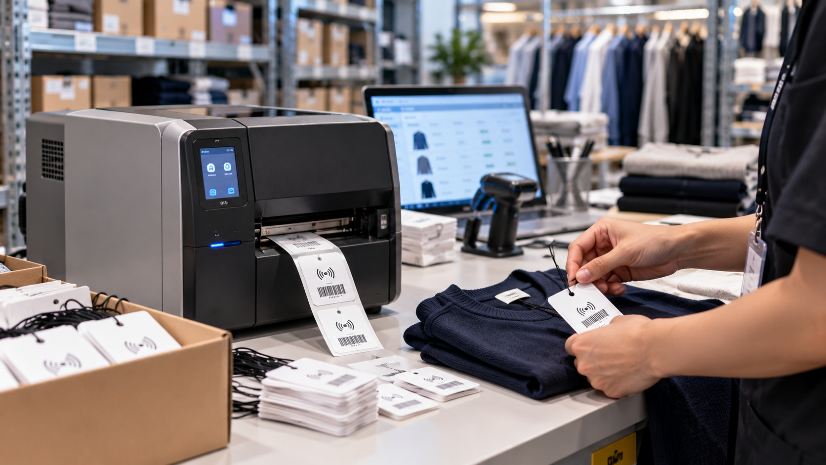 Khu vực in và mã hóa nhãn RFID cho sản phẩm may mặc trong bán lẻ