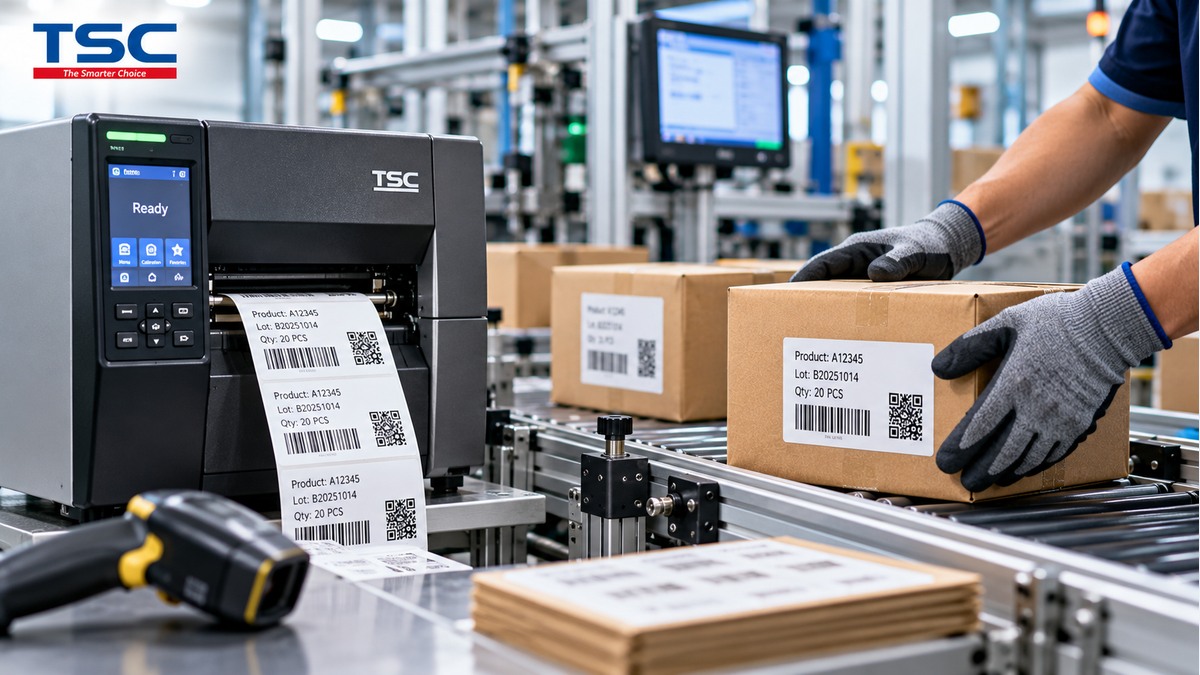 Máy in mã vạch TSC in tem nhãn thành phẩm tại khu vực đóng gói trên dây chuyền sản xuất