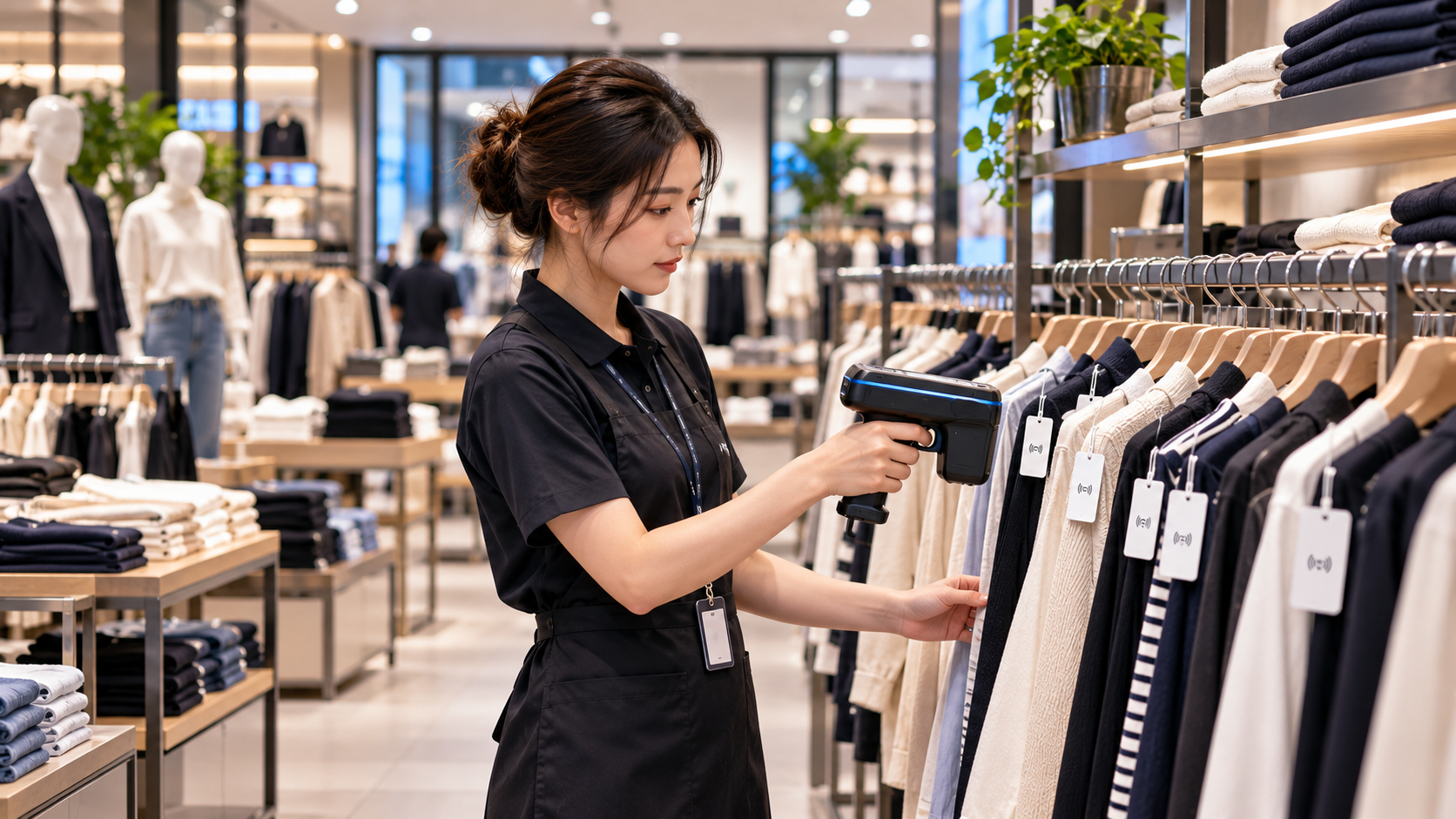 Nhân viên cửa hàng kiểm kê quần áo bằng đầu đọc RFID cầm tay