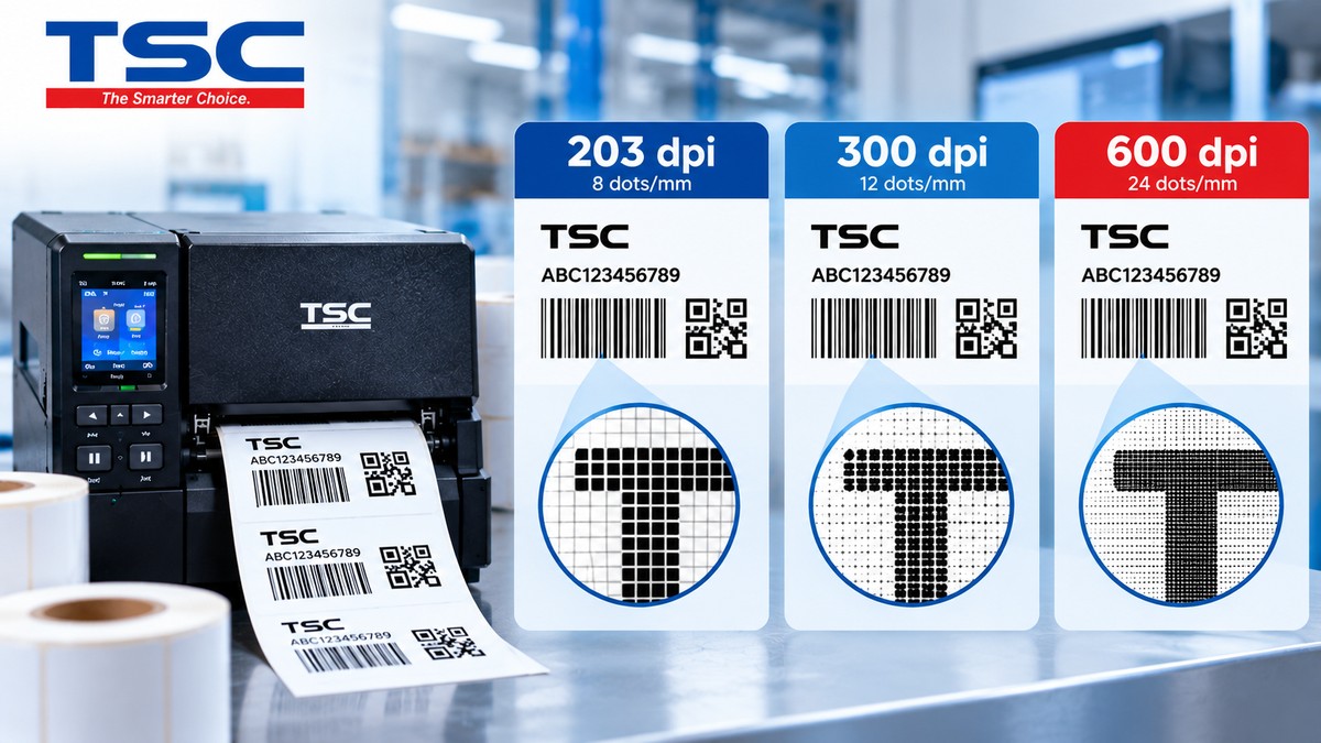 So sánh mật độ điểm in 203 dpi 300 dpi và 600 dpi trên máy in TSC