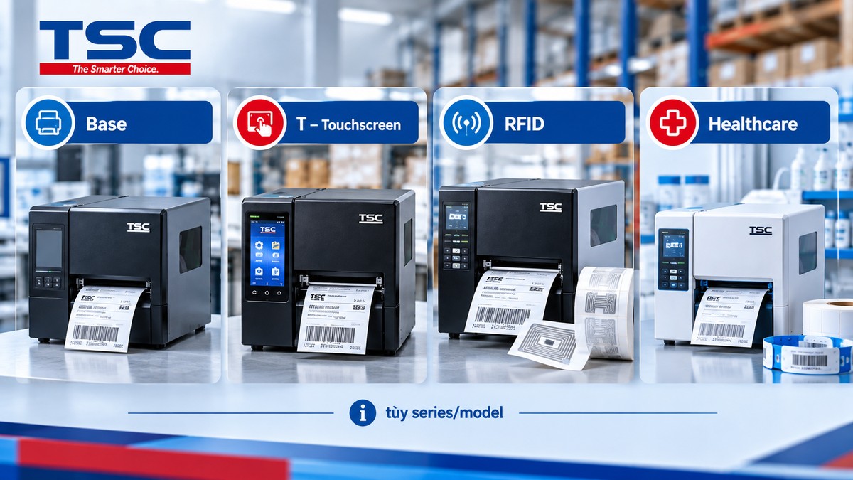 Minh họa các phiên bản máy in TSC cơ bản touchscreen RFID và Healthcare
