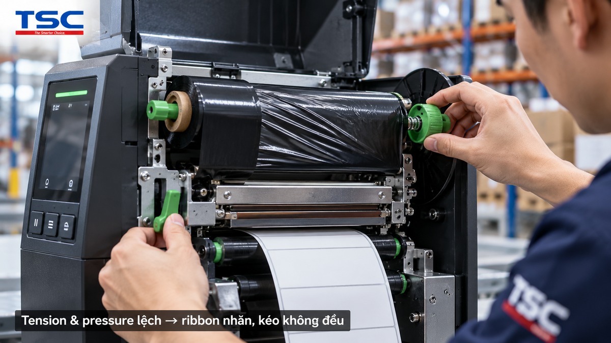 Kỹ thuật viên điều chỉnh ribbon tension và printhead pressure trên máy in TSC