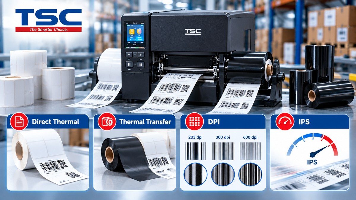 Minh họa Direct Thermal Thermal Transfer DPI và IPS trên máy in TSC