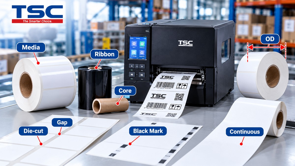 Các thuật ngữ media ribbon core OD gap black mark die-cut và continuous của máy in TSC