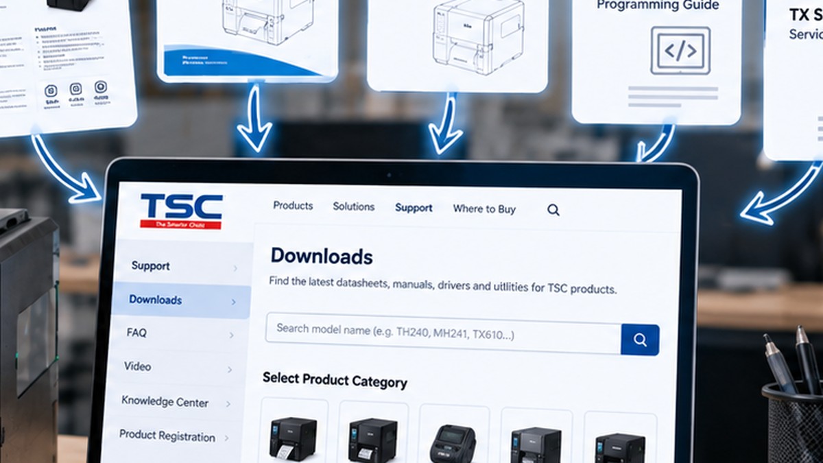 Minh họa cách tìm tài liệu máy in TSC trong khu vực Downloads