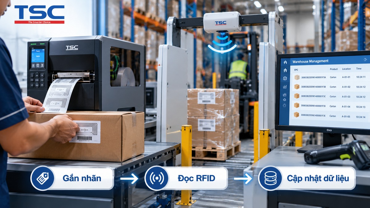 Quy trình gắn nhãn RFID đọc RFID và cập nhật dữ liệu vào hệ thống kho