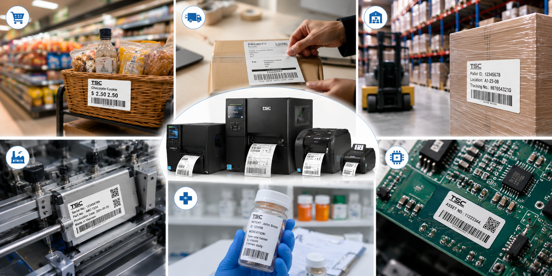 Các ứng dụng của máy in mã vạch TSC trong sản xuất, logistics, bán lẻ, y tế và quản lý kho